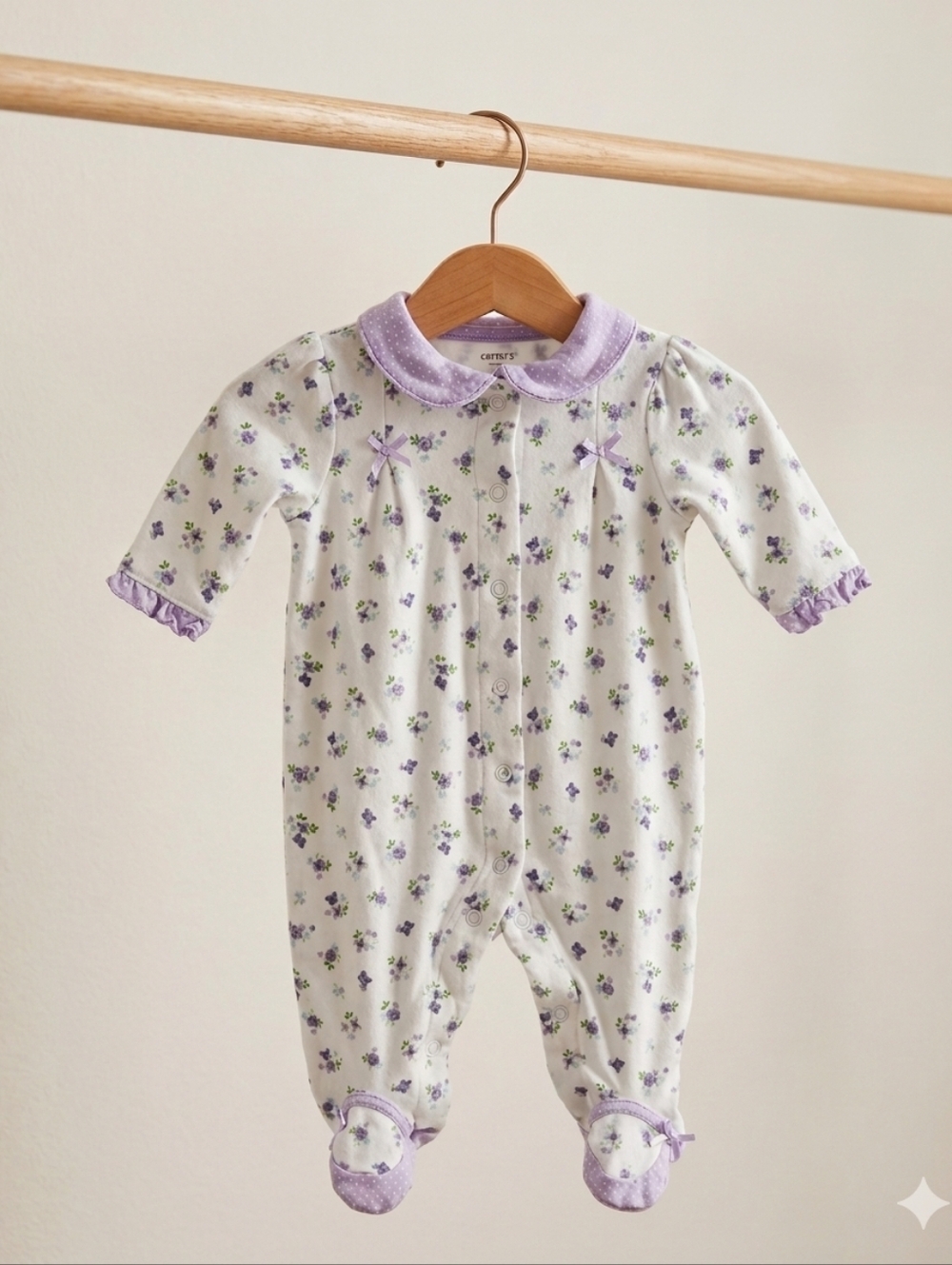 Carter's Baby Girls Lavender Purple Floral Ruffle Long Sleeve 3M Footie